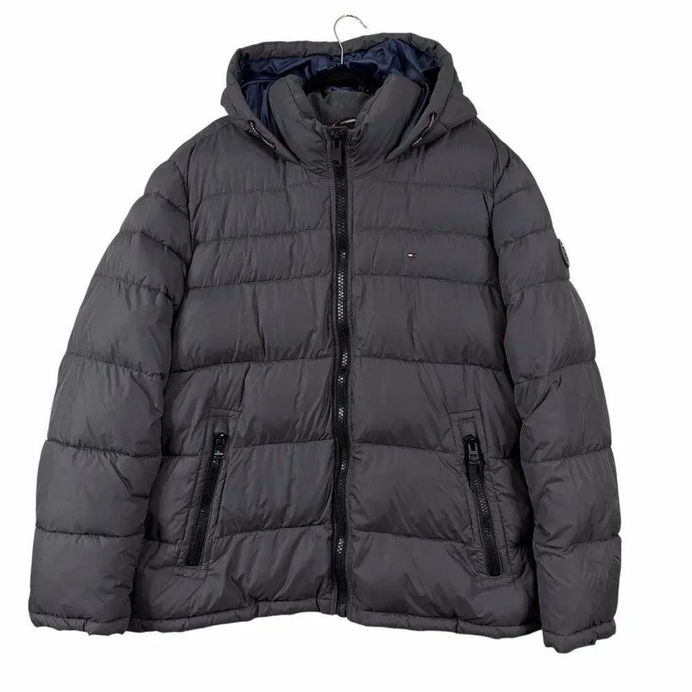 Tommy Hilfiger Puffer Jacket XXL Gray Hooded Quilted Nylon Zip Coat Men’s Winter